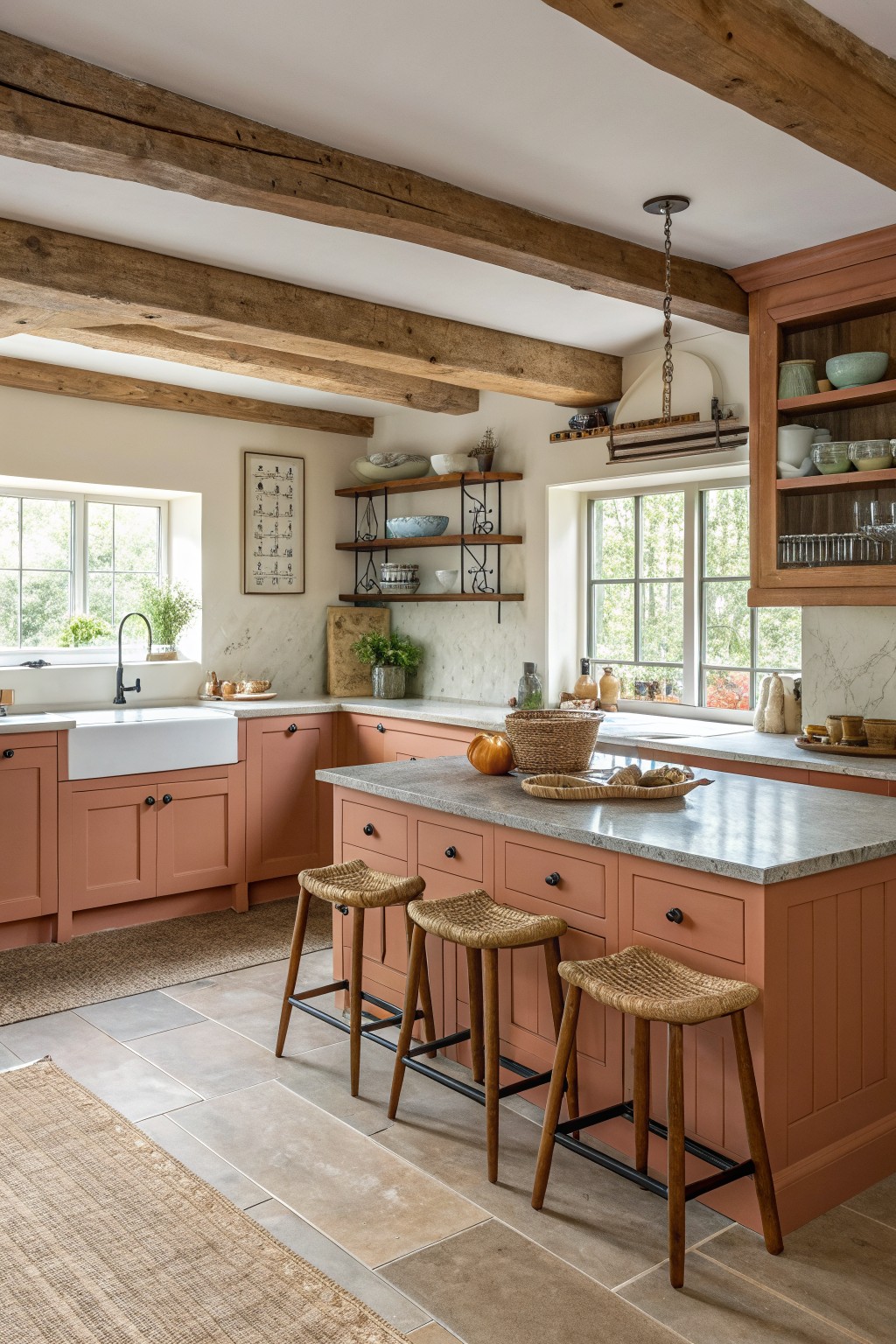 A kitchen interior with terracotta-painted cabinets, a central island with three woven stools, exposed wood ceiling beams, and windows along the back wall.