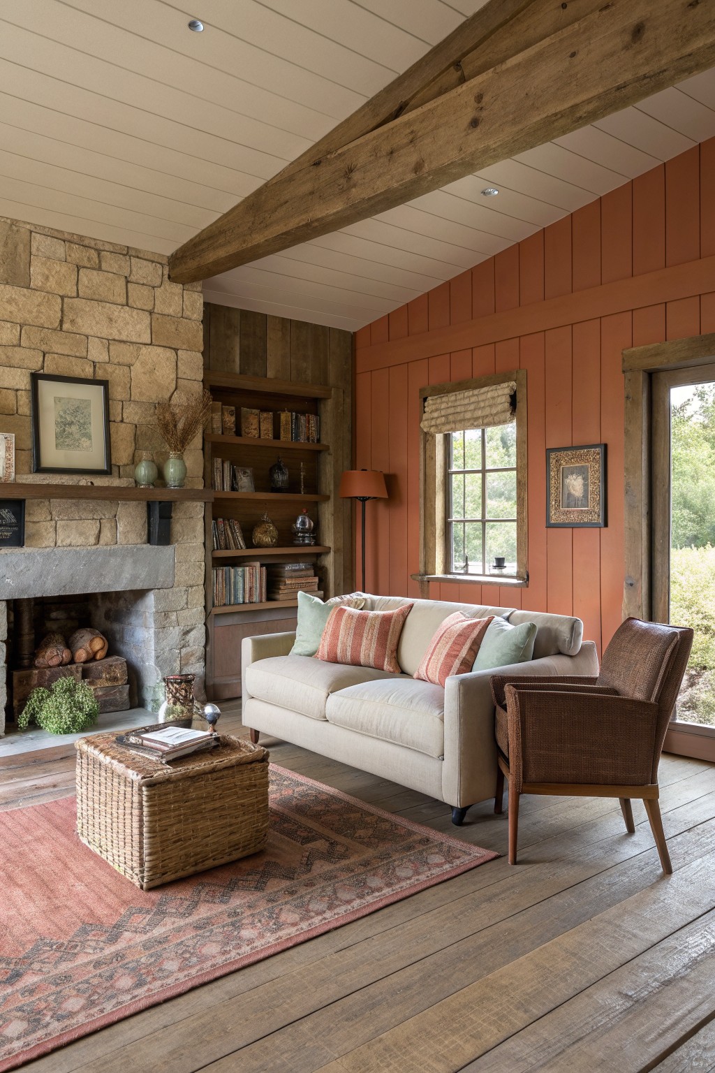 A rustic living room with terracotta walls, a large stone fireplace, wooden ceiling beams, a beige sofa with striped pillows, a wicker ottoman, and a patterned rug on the wood floor.