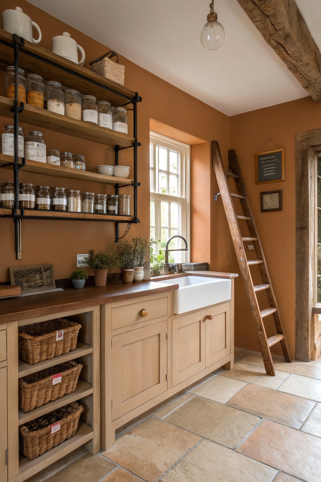 Rustic kitchen interior with terracotta walls, wooden open shelving filled with glass jars, a white farmhouse sink, and lower cabinets with woven baskets.
