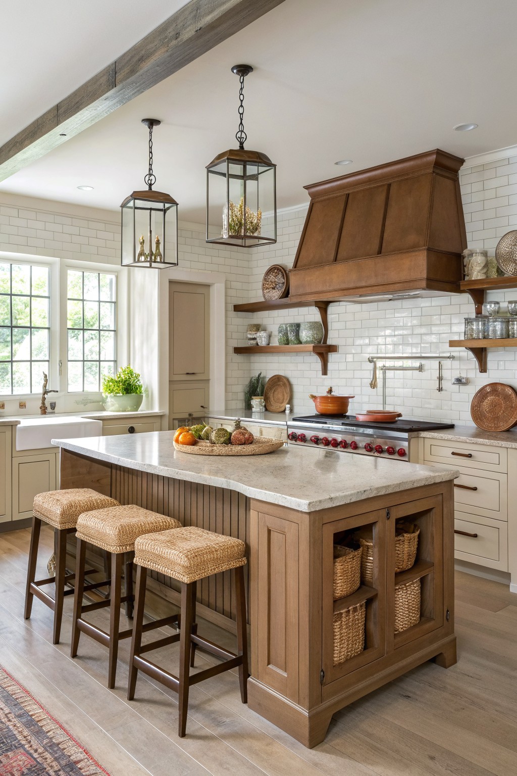 A rustic kitchen with a large wooden island, three woven bar stools, a brown wooden range hood, and white subway tile backsplash.
