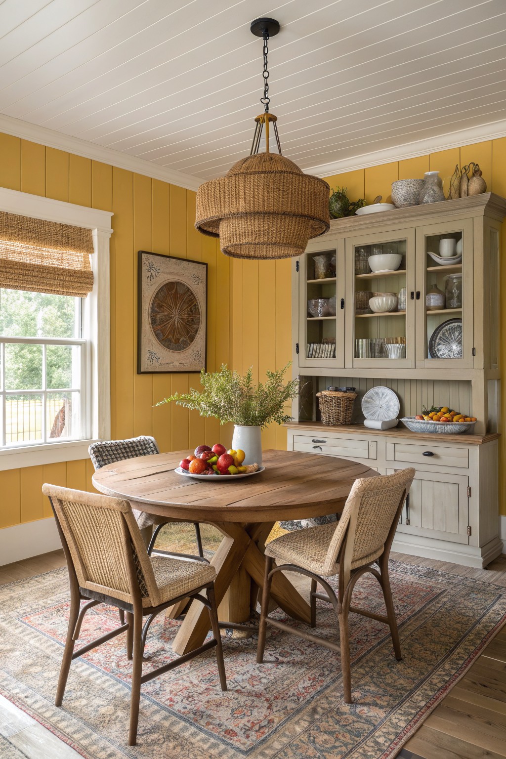 A dining room with mustard yellow walls, a round wooden table, woven chairs, a large hutch, and a woven pendant light.