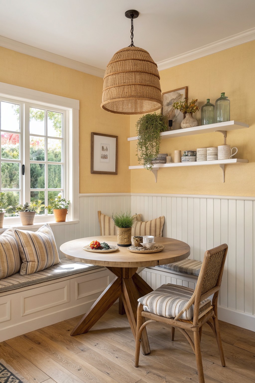 A round wooden dining table sits in a corner nook with a built-in bench, striped cushions, white wainscoting, and pale yellow walls under a woven pendant light.