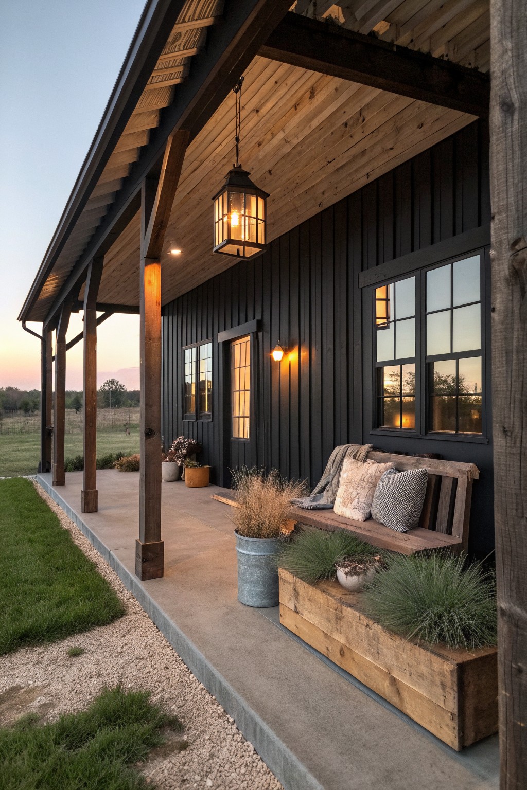 A black barndominium porch with a wooden bench, pillows, and several potted plants beside large windows and a hanging lantern at dusk.