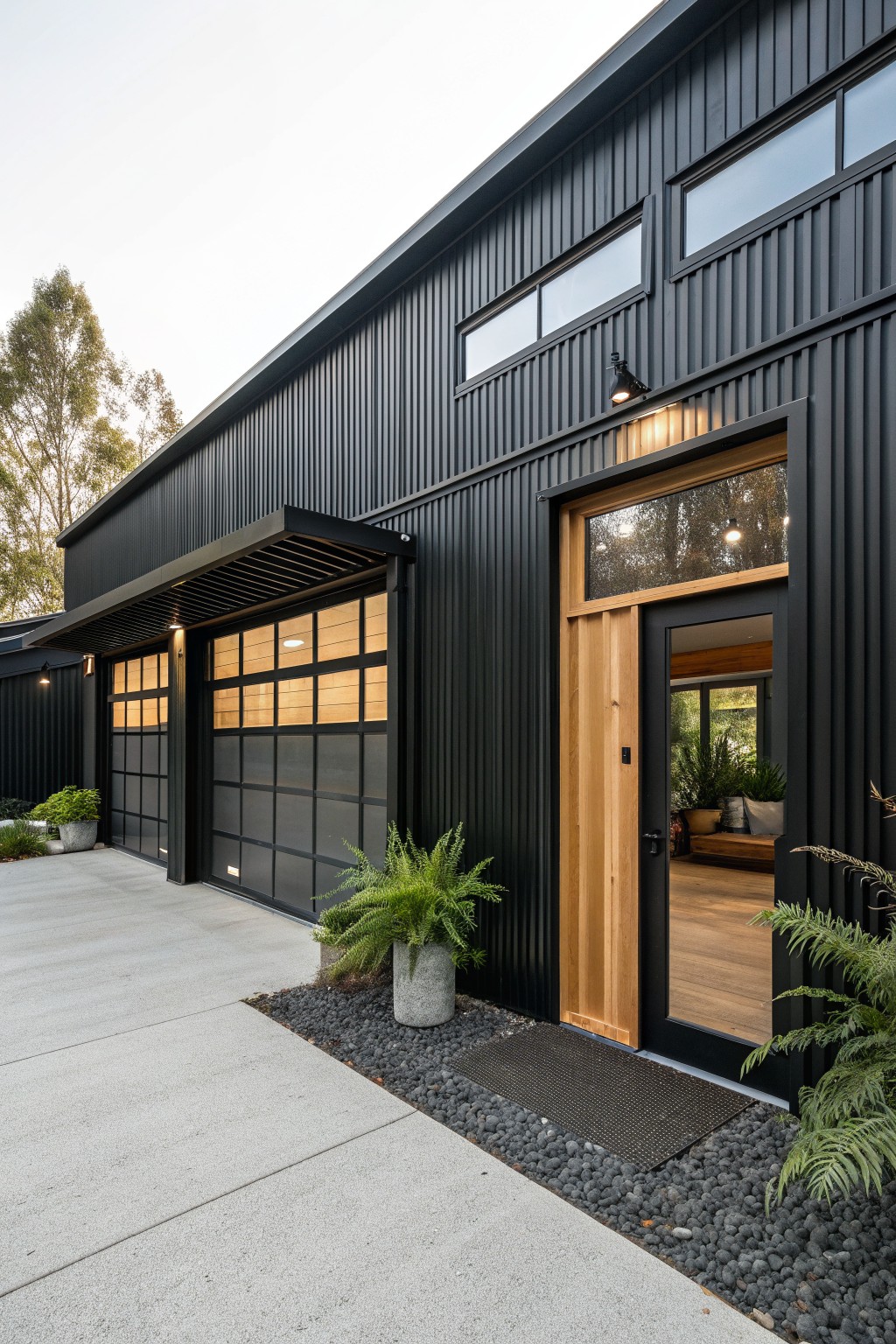 A black corrugated metal barndominium exterior featuring two garage doors, a wood entry door with black frame, and gravel landscaping with ferns.