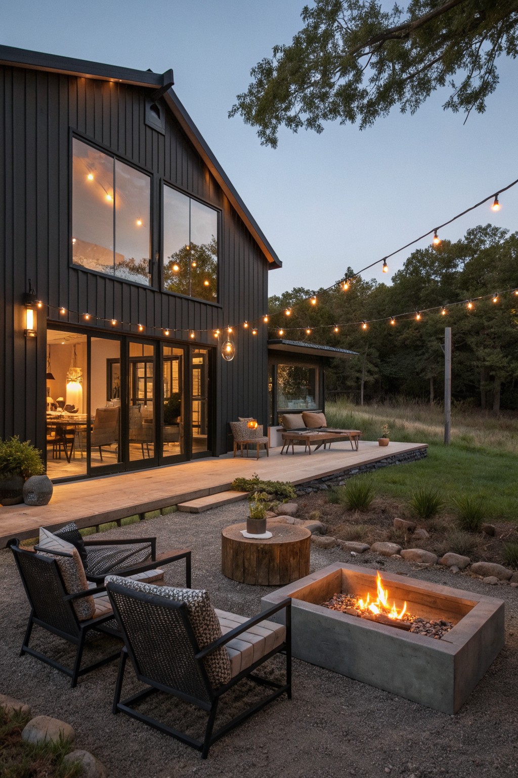 A black barndominium exterior with a wooden deck, gravel patio, concrete fire pit, and string lights at dusk.