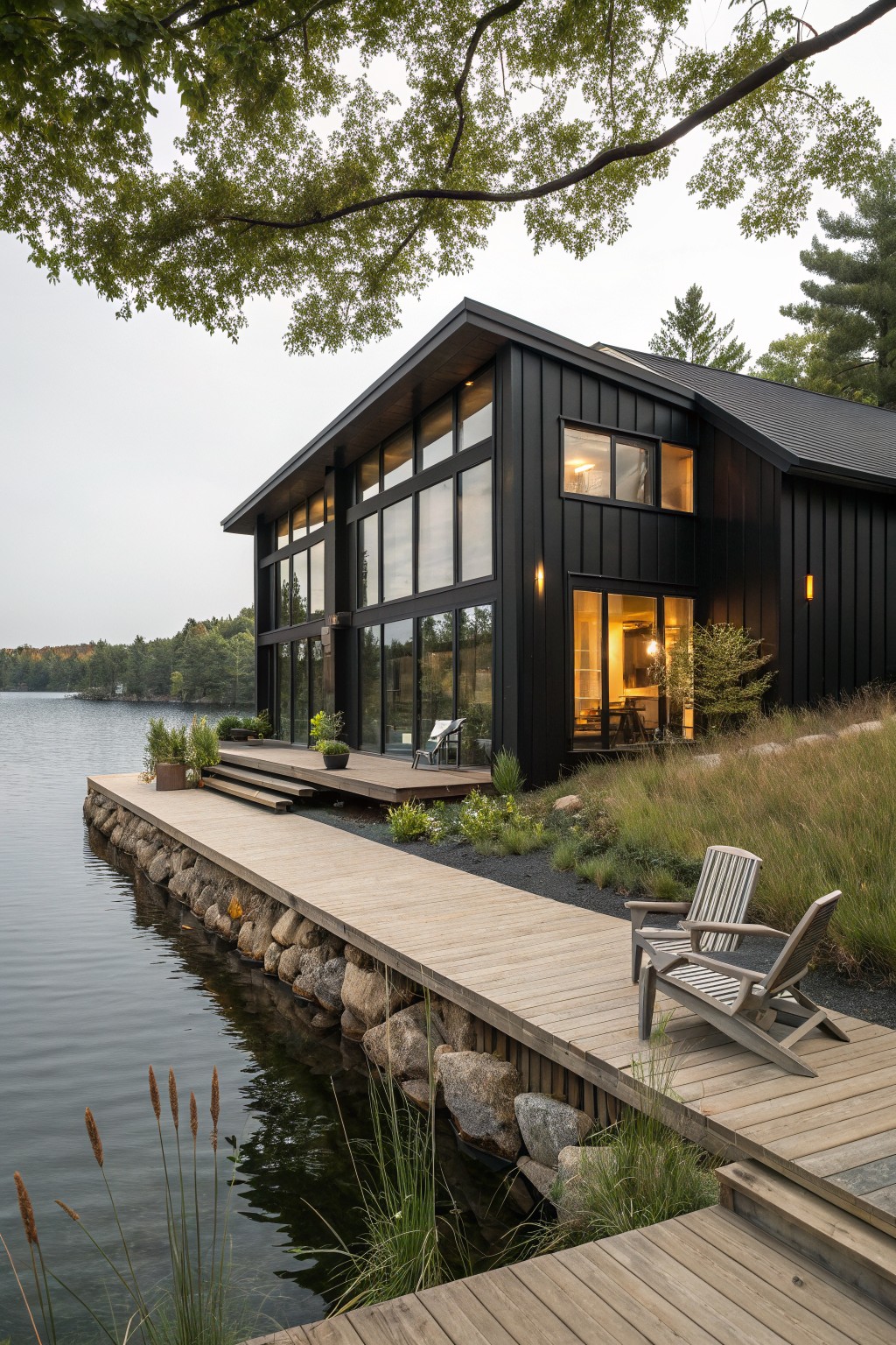 Modern black lakeside cabin with large windows, wooden dock, and Adirondack chairs.