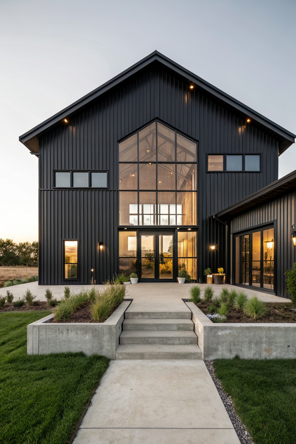 A two-story black barndominium with vertical metal siding, a large central glass window, and concrete steps leading to double doors.