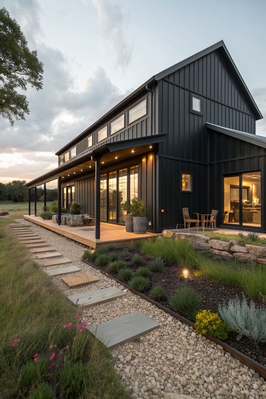 A black metal-sided barndominium with a long covered wooden deck, large windows, and gravel landscaping with stone steps leading to the house.