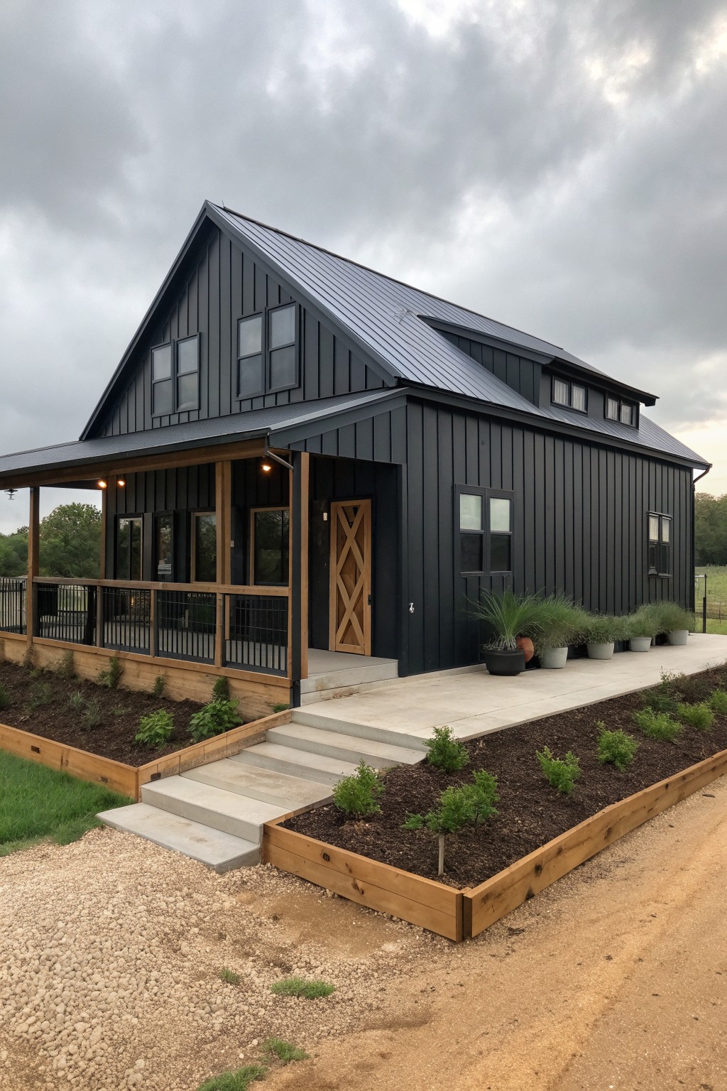 A black barndominium with metal roof, wooden porch trim, and a wooden front door, viewed from the front with raised garden beds nearby.