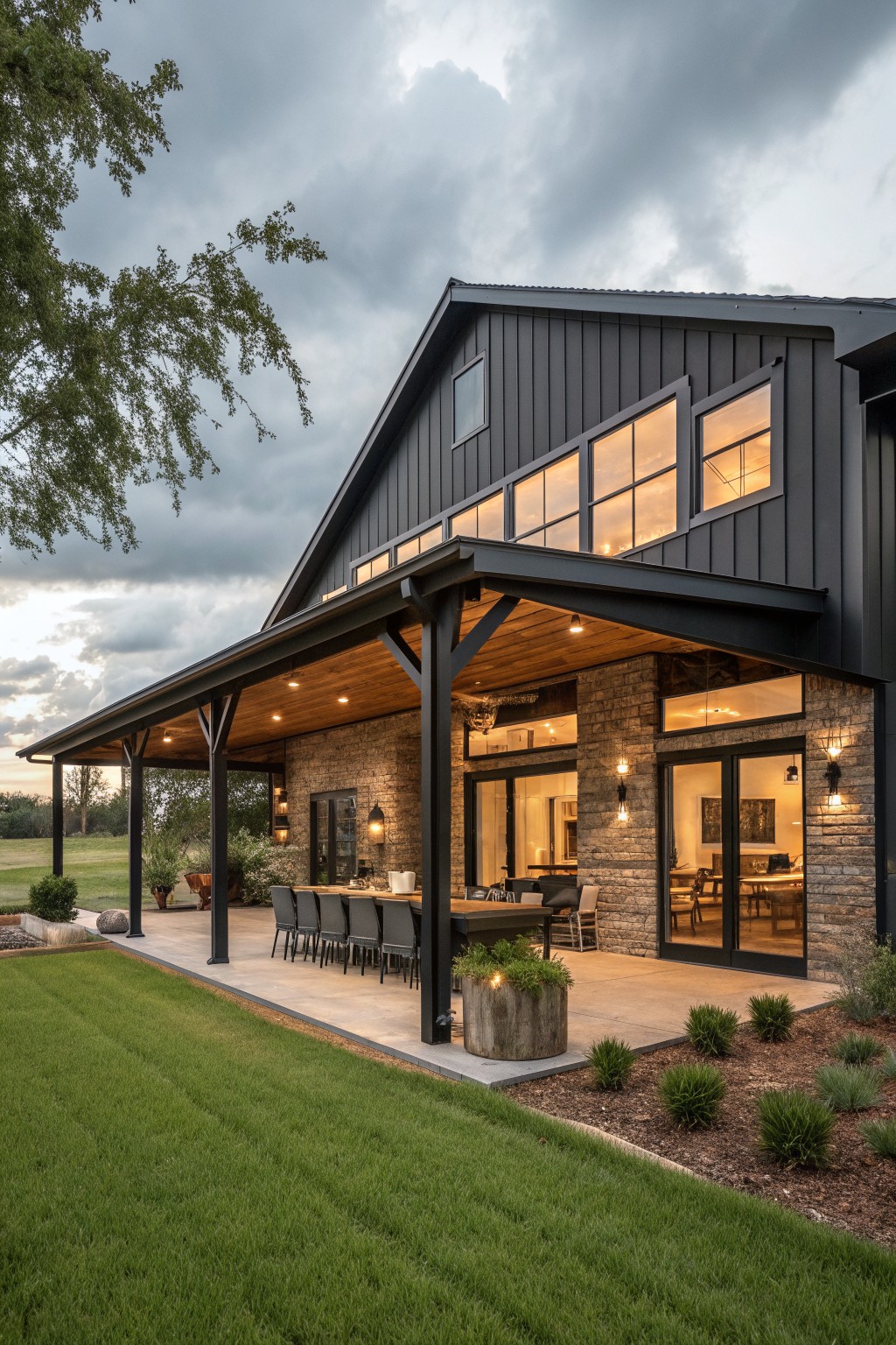 A black metal barndominium with a wide covered porch, long dining table, and stone walls.