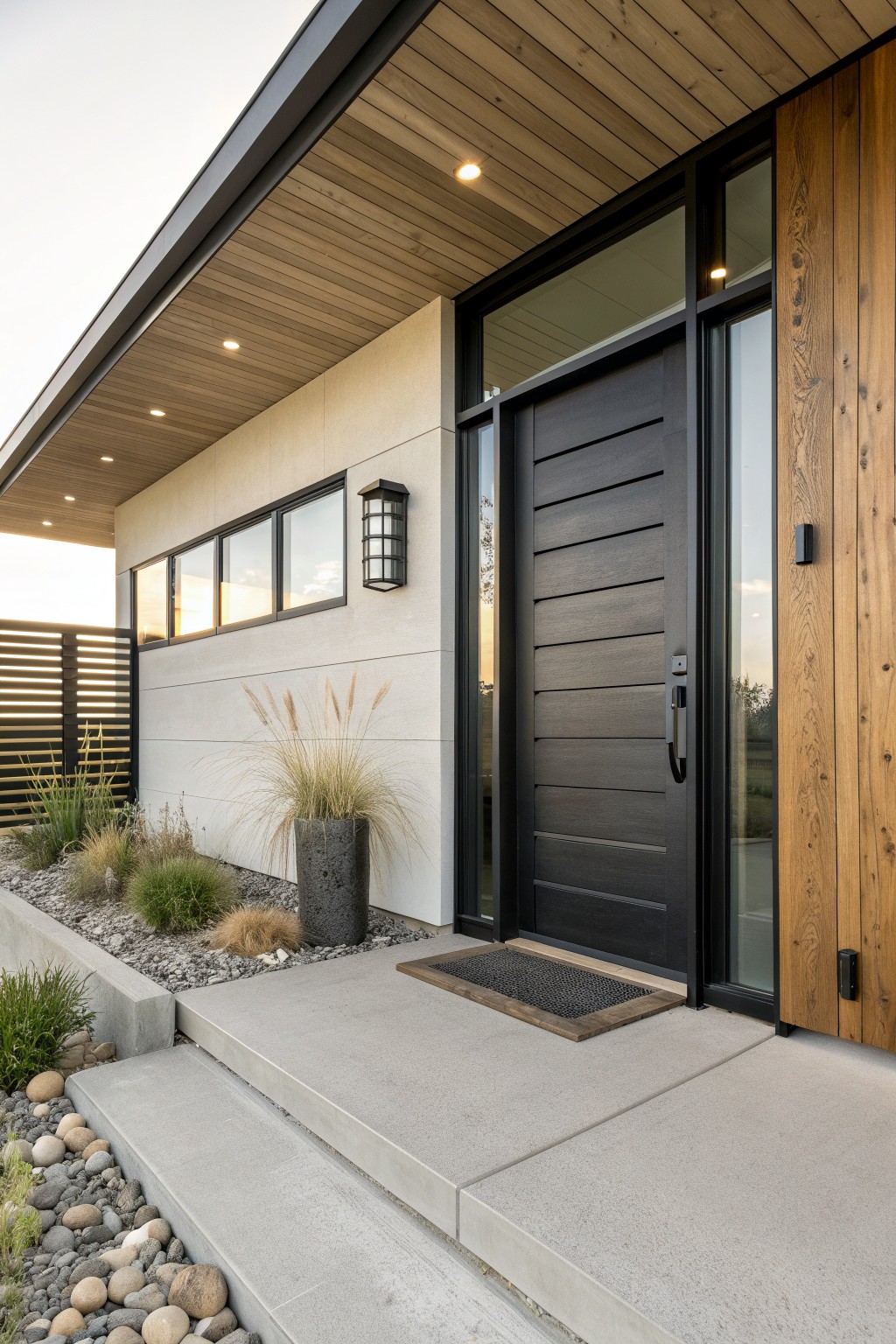 Modern house entrance showing a dark door with horizontal slats, light concrete walls, a small porch, and gravel landscaping with a potted plant.