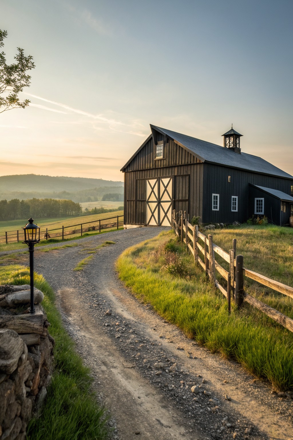 Black barn with crosshatched doors beside curving gravel road and wooden fence