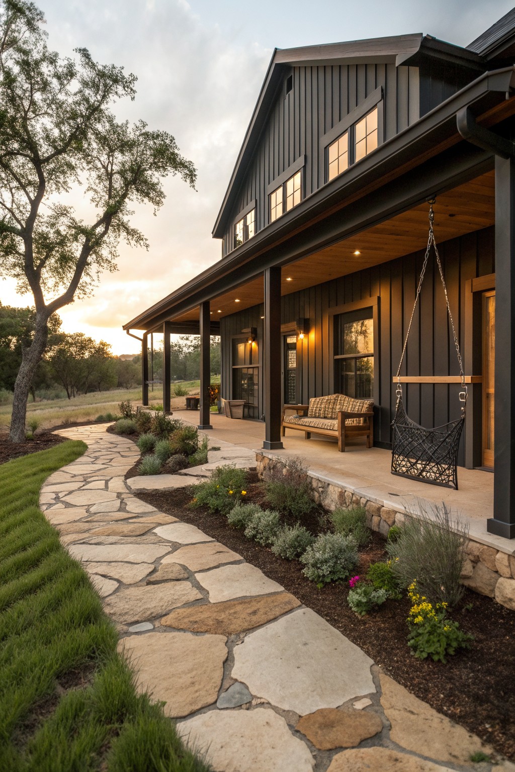 Dark modern farmhouse porch with hanging chair, bench, and winding stone path at dusk.