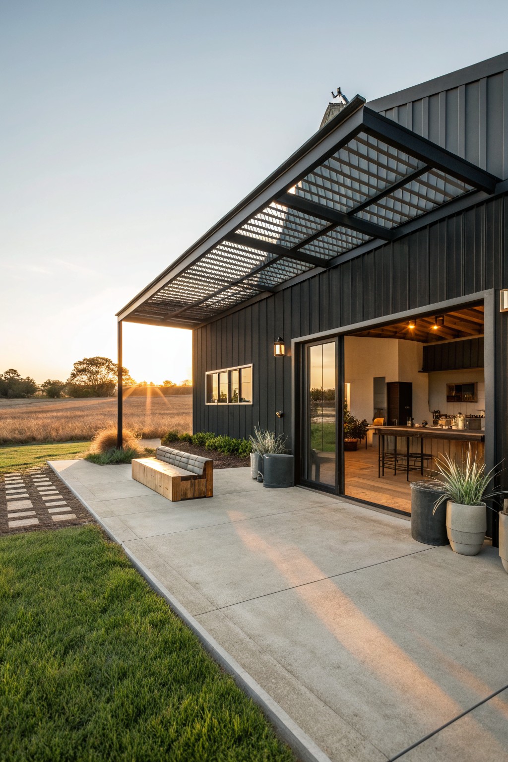 Modern black barn with open doors, wooden bench on patio at sunset.