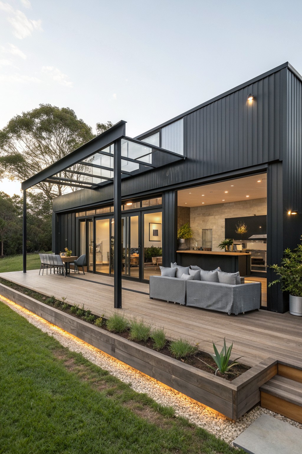 Modern black house with wooden deck, gray sofa, open kitchen, and lit garden.