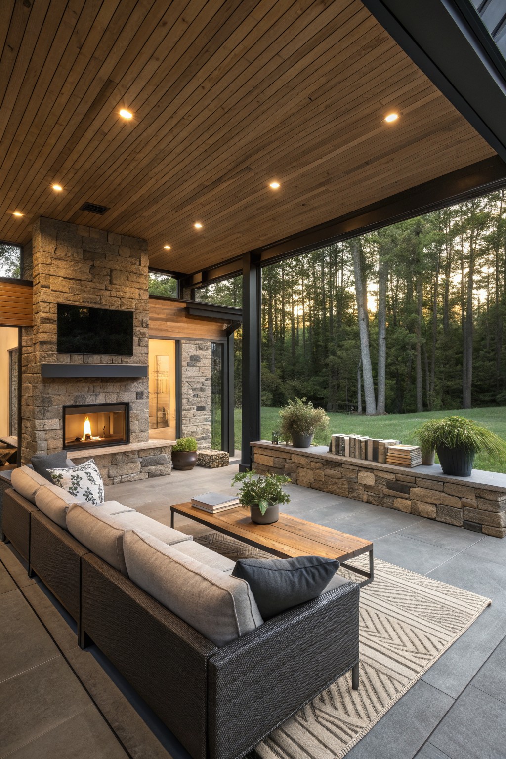 A covered outdoor patio with a large stone fireplace, sofa, coffee table, and open views to a forest.