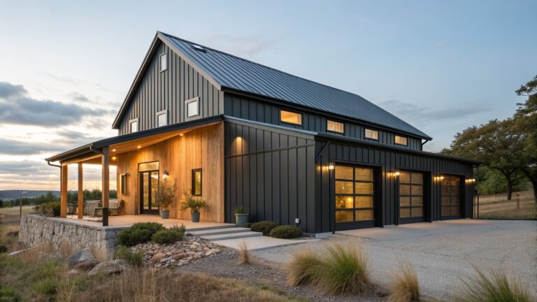 A two-story black barndominium exterior with vertical metal siding, a stone accent wall, a wooden garage door, and a covered porch at dusk.