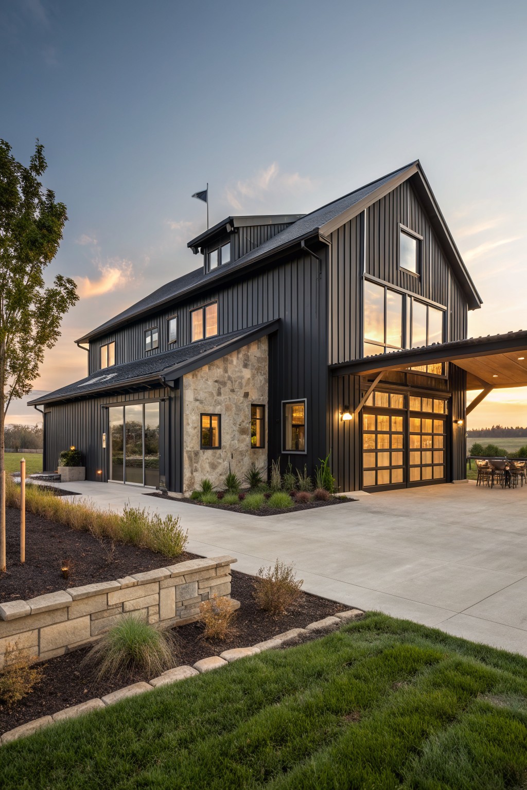 Modern black barn-style home with stone accents, large windows, and glowing garage at sunset.