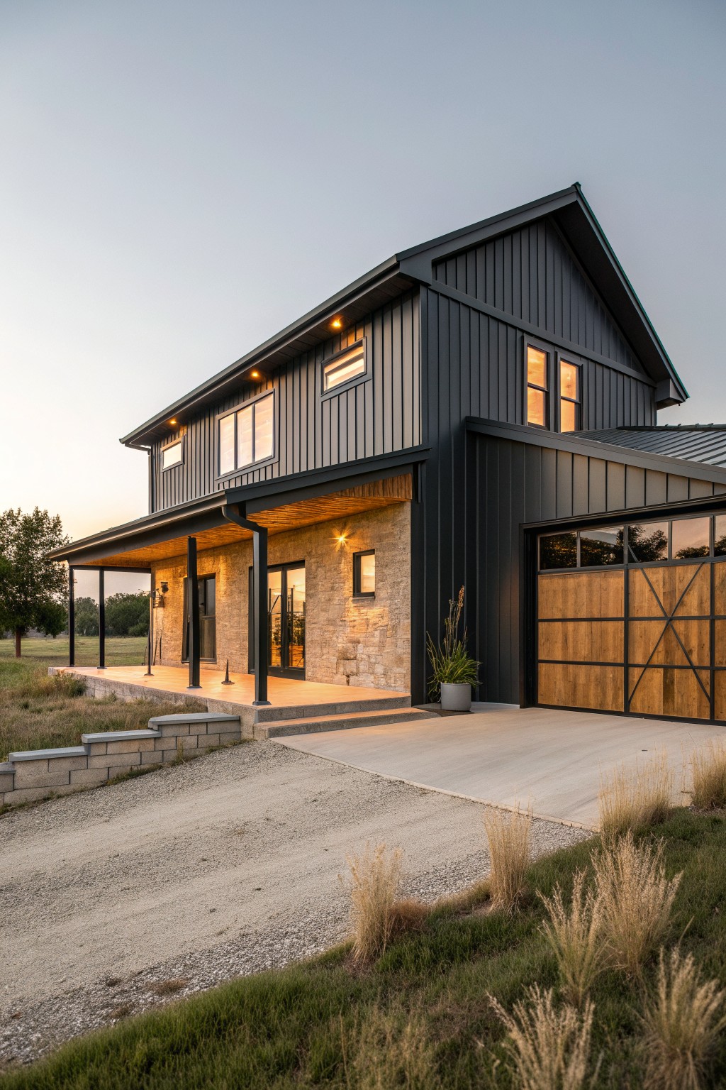 A two-story black barndominium exterior with vertical metal siding, a stone accent wall, a wooden garage door, and a covered porch at dusk.