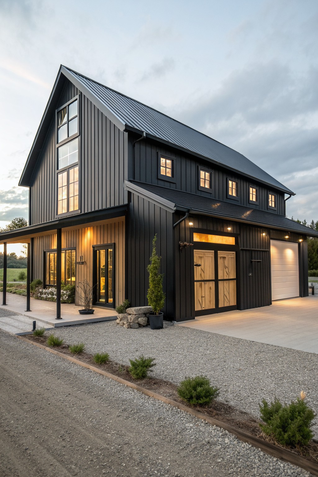 Modern black barn house with metal roof, lit windows, and gravel driveway