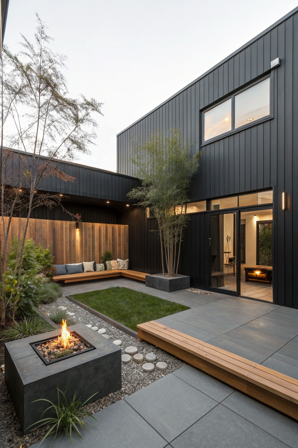 A black barndominium exterior with a concrete fire pit set in gravel, wooden benches, and a small grass section in the courtyard.