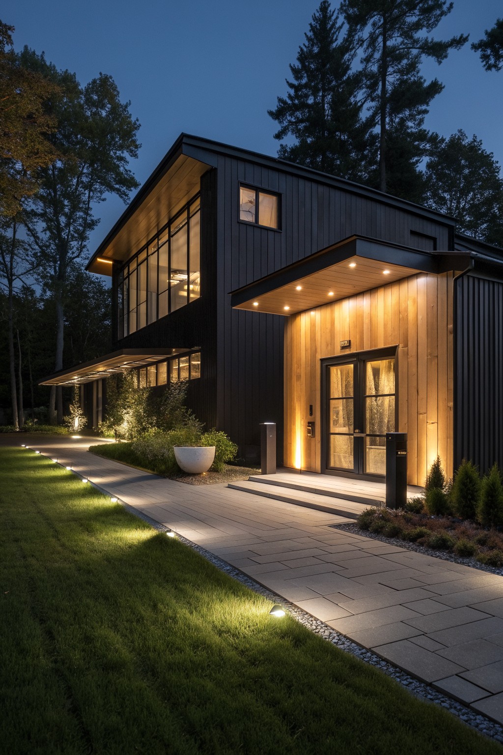 Modern dark wood house with lit entrance, large windows, and glowing stone pathway at dusk