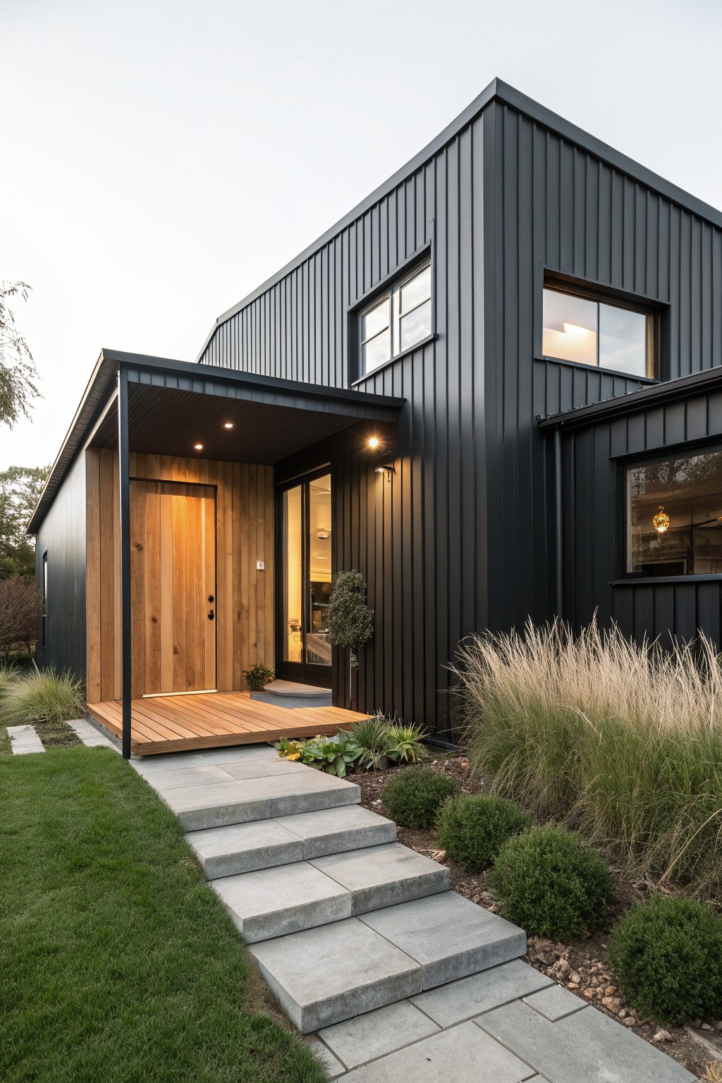 A modern black barndominium exterior featuring vertical metal siding, a wooden front door under a covered porch, concrete entry steps, and mixed landscaping with grasses and shrubs.