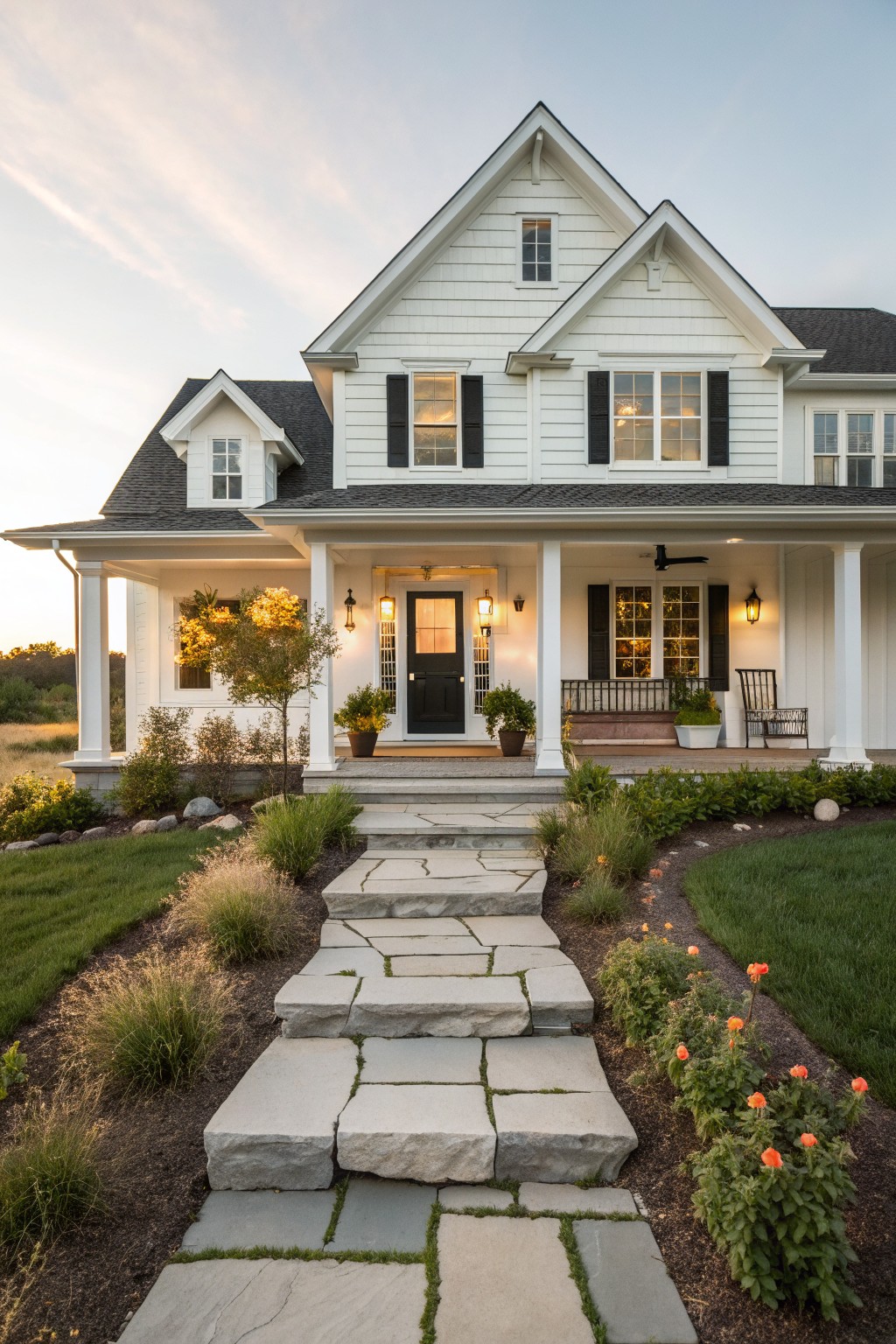 A white two-story farmhouse with black shutters on the windows, a dark front door, and a stone pathway leading to the porch.