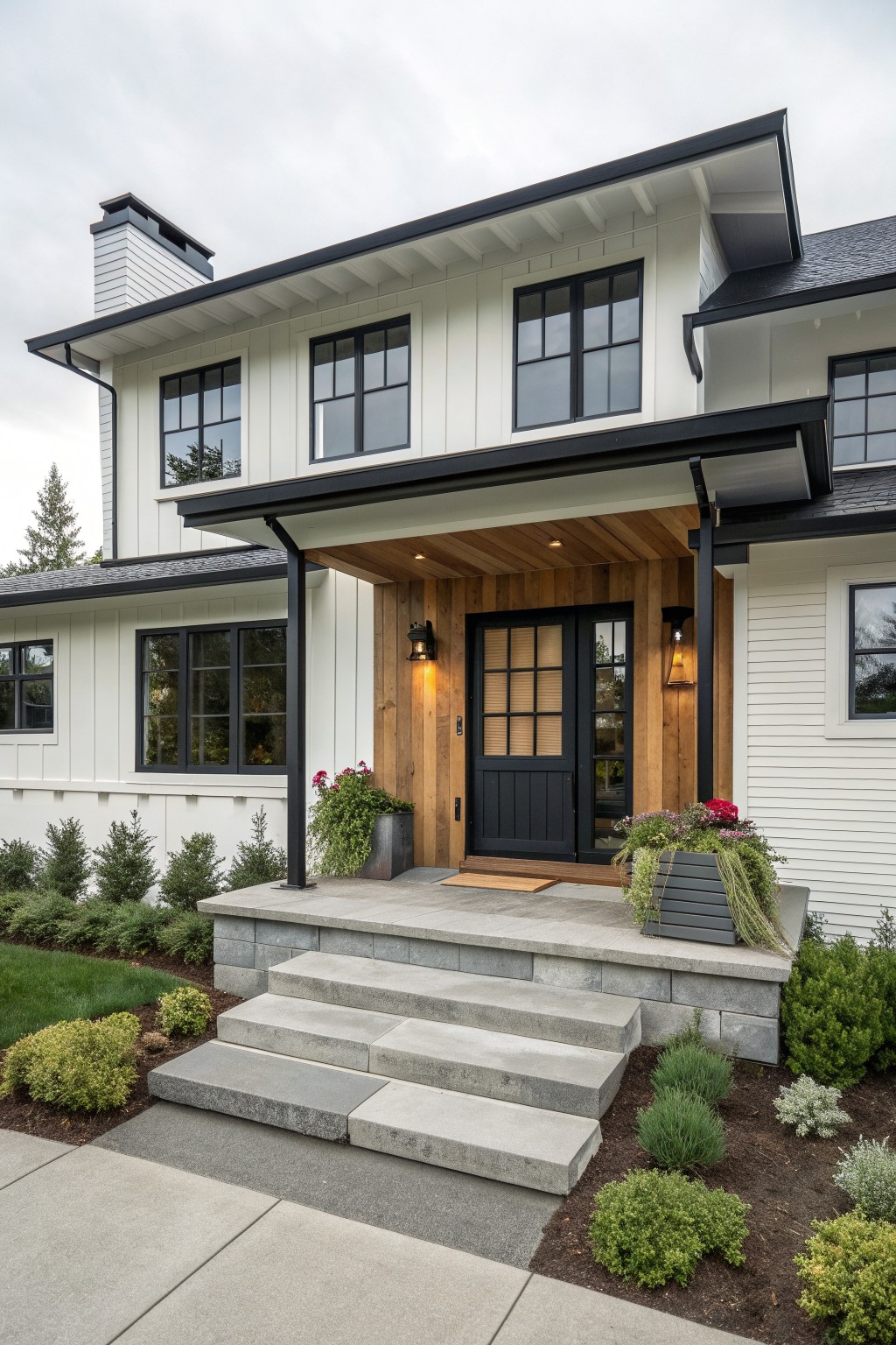 Modern white house with black trim, double doors, and concrete porch steps