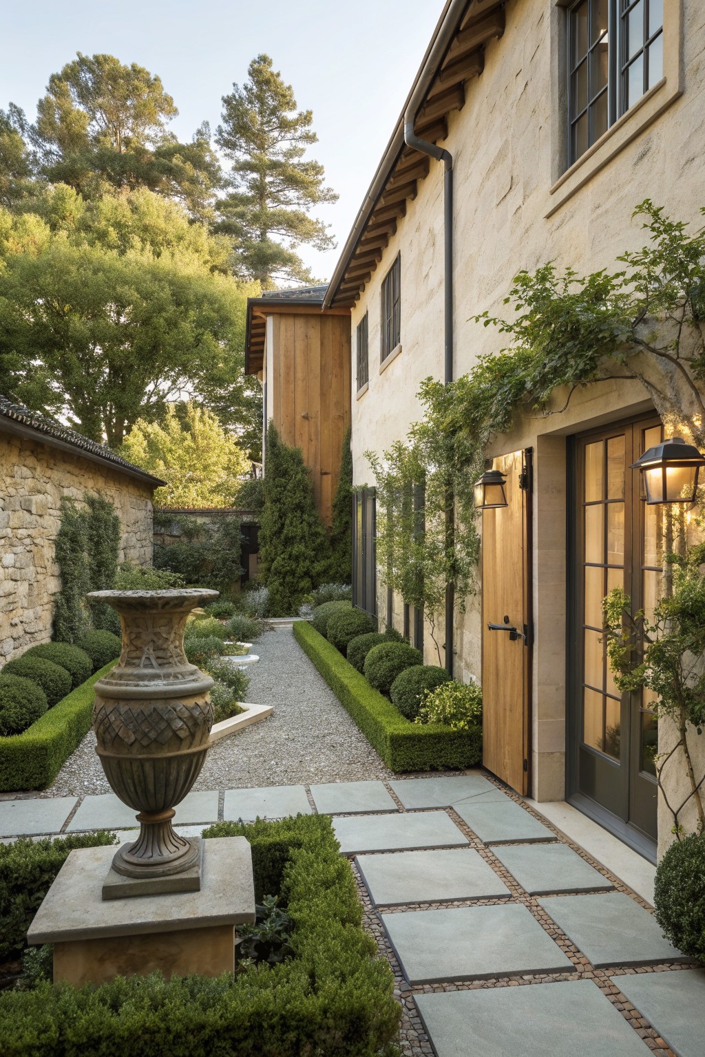 A side view of a stone house with wooden doors, a gravel path lined by clipped green hedges, stone pavers in the foreground, and a large stone urn on a pedestal.