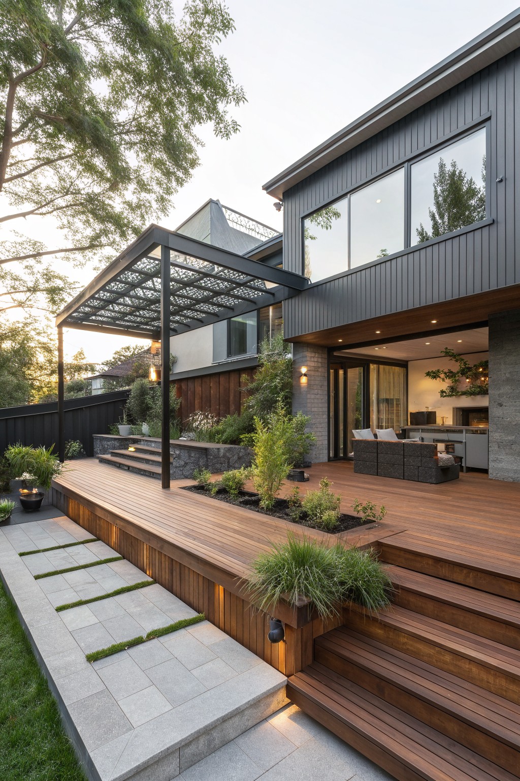 A modern two-story house with a large multi-level wooden deck, built-in planters, steps, and an outdoor seating area under a dark metal pergola.