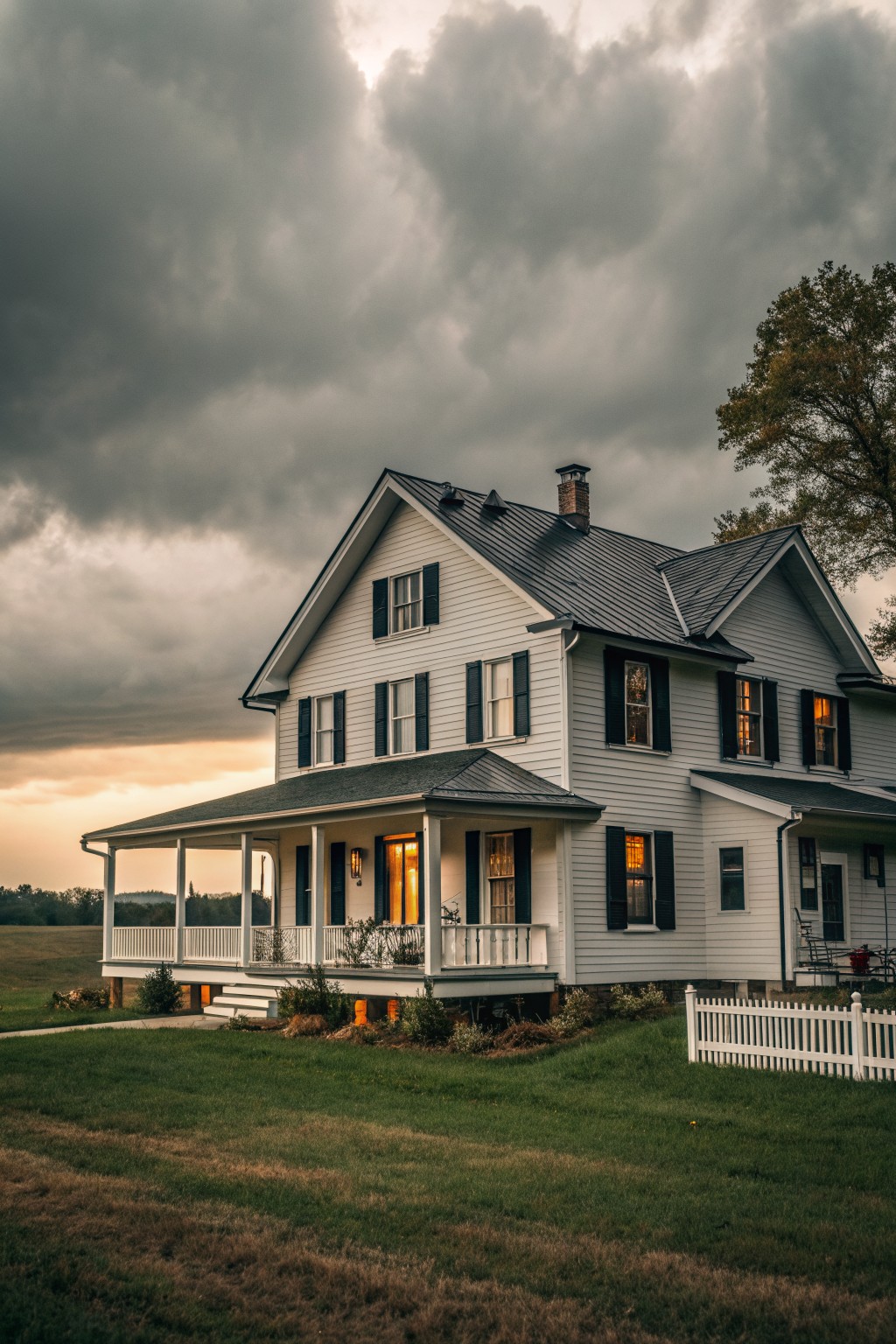 White two-story farmhouse with glowing windows under stormy clouds and green lawn