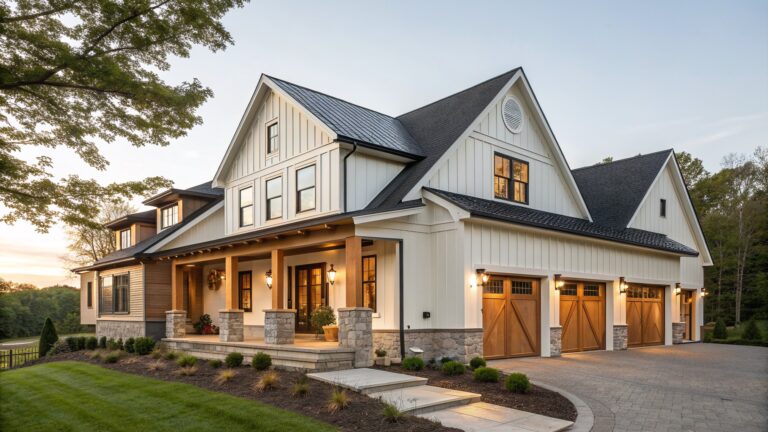 Modern white farmhouse with stone accents, wooden garage door, and lit porch at dusk