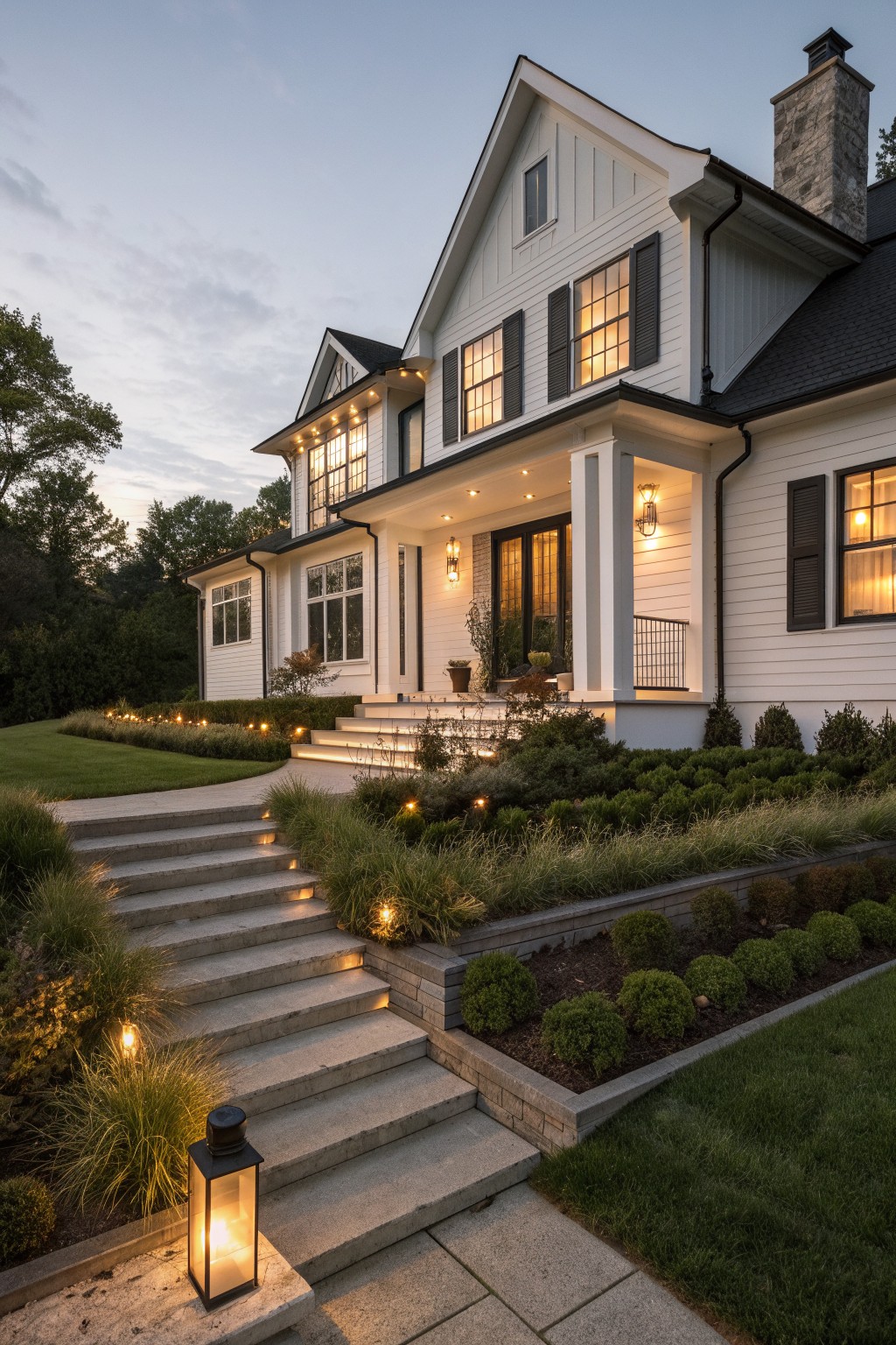 Illuminated white two-story house with dark shutters, stone steps, and lush landscaping at dusk.
