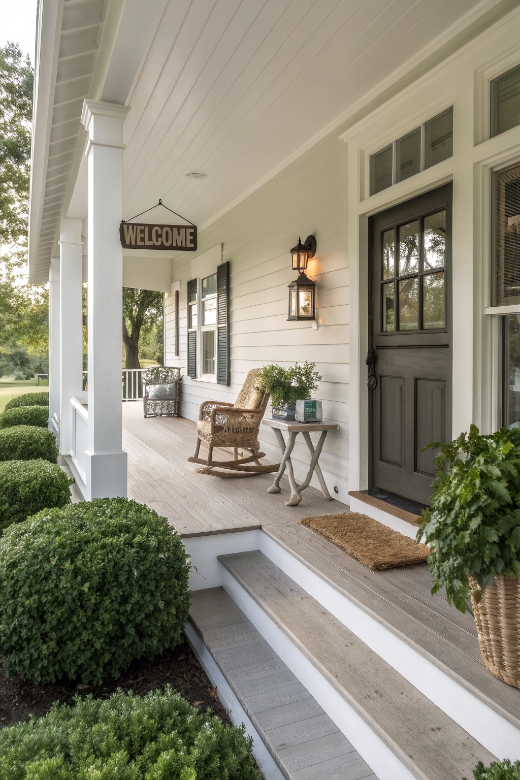 Front porch of a white farmhouse with a dark gray door, a single wooden rocking chair, a small side table, a hanging welcome sign, and steps leading up from a landscaped yard.