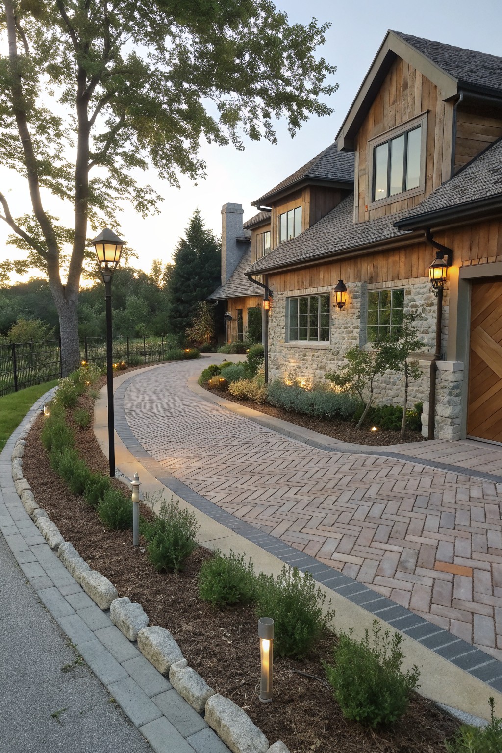 A two-story wood and stone farmhouse viewed from a curved herringbone brick driveway lined with low shrubs and path lights at dusk.