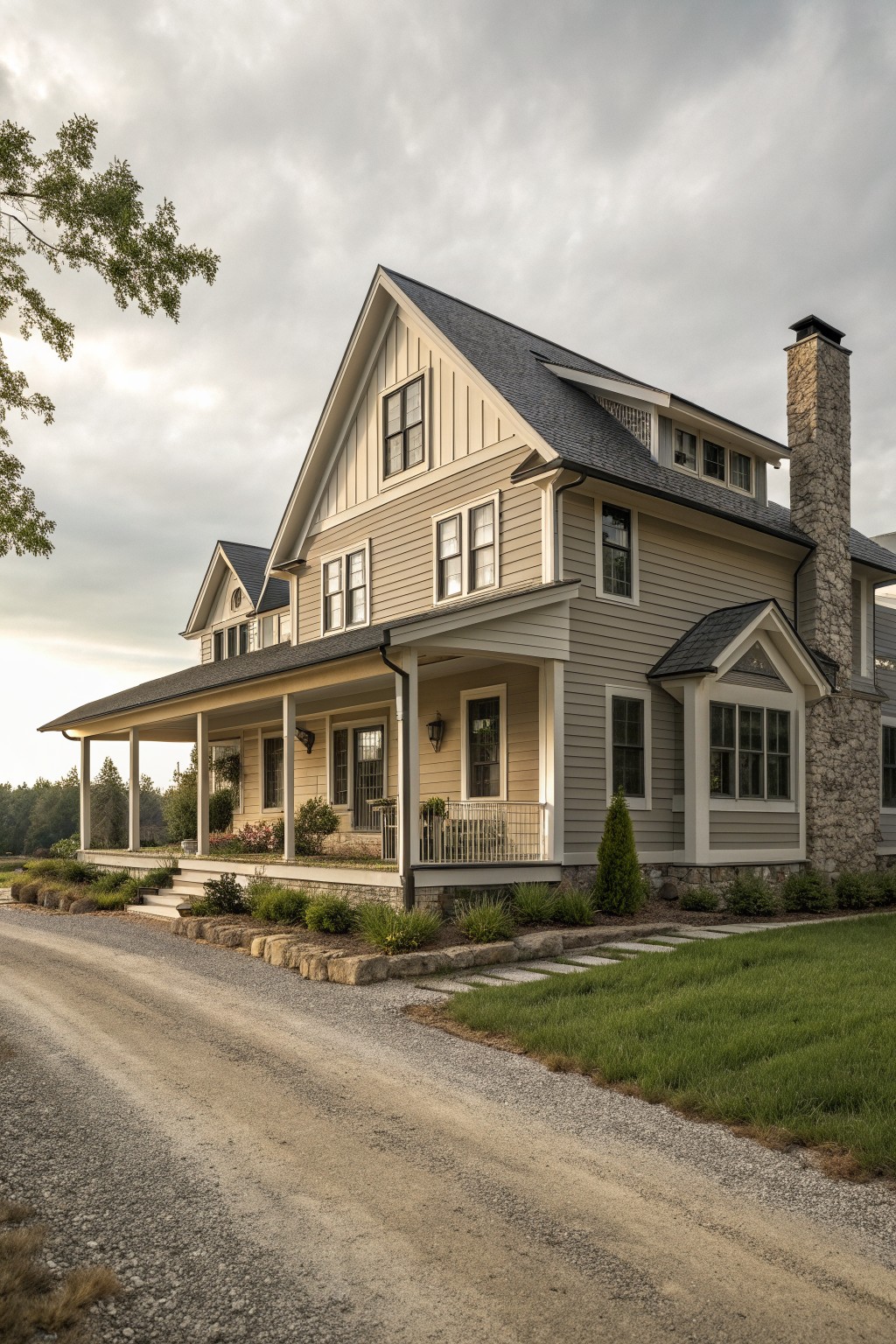 A two-story farmhouse with beige siding, a dark gabled roof, a stone chimney on the right, and a long covered porch spanning the front.