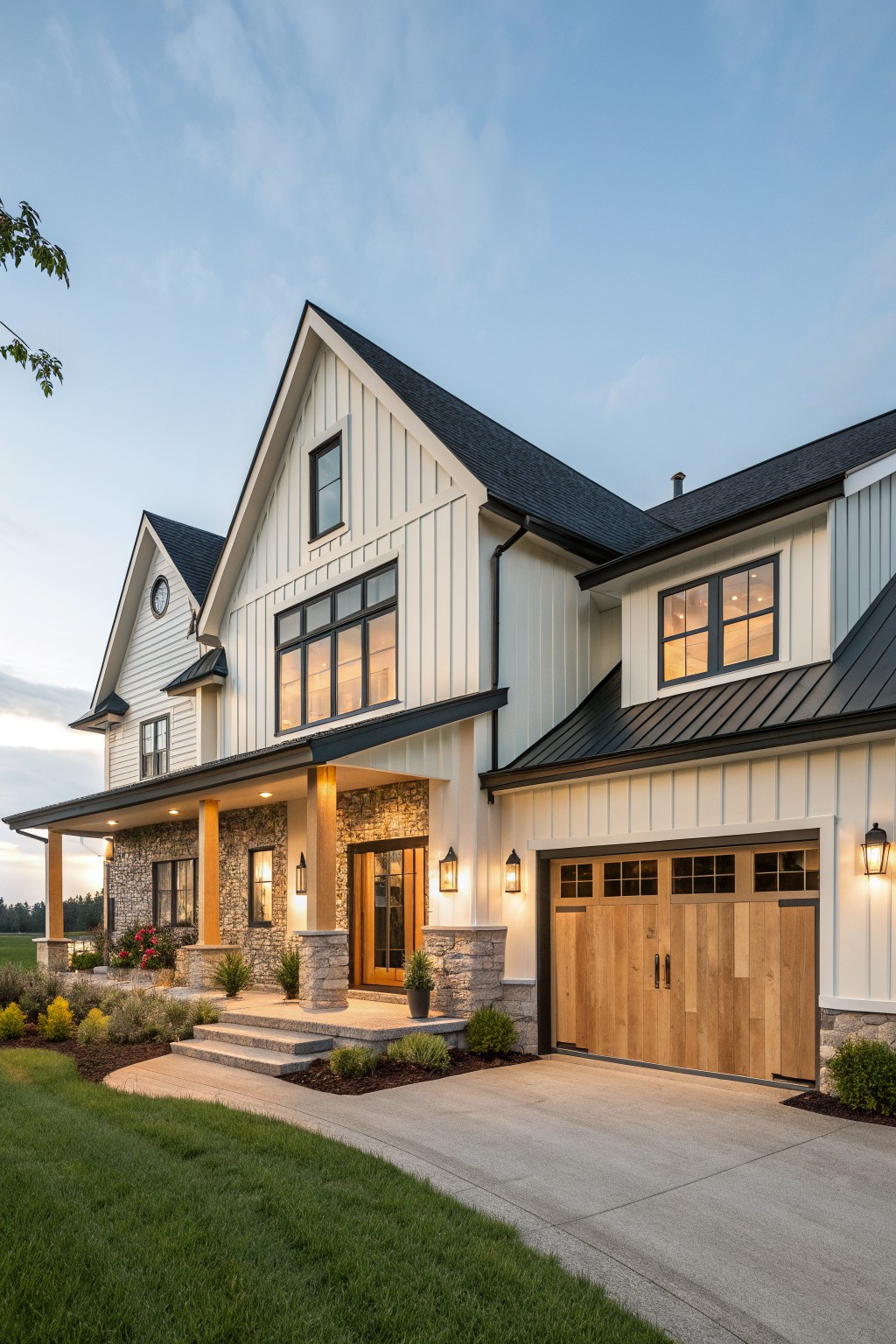 Modern white farmhouse with stone accents, wooden garage door, and lit porch at dusk