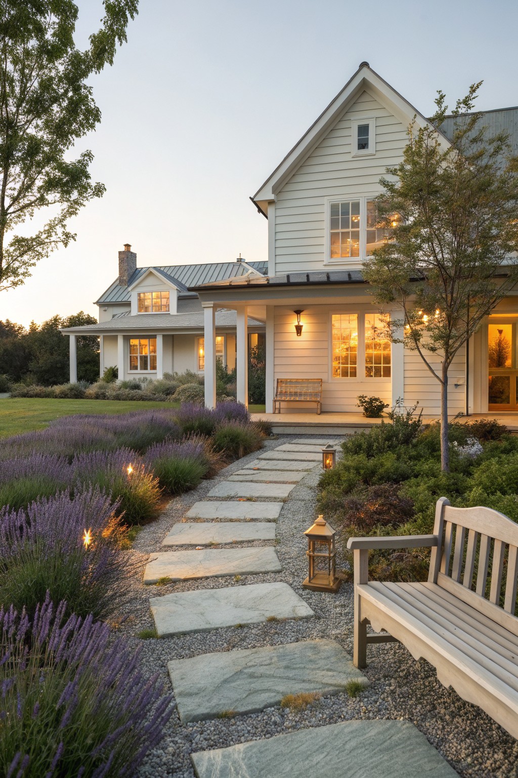 A white farmhouse exterior with a stone slab path set in gravel, bordered by lavender plantings and lanterns leading to the porch.