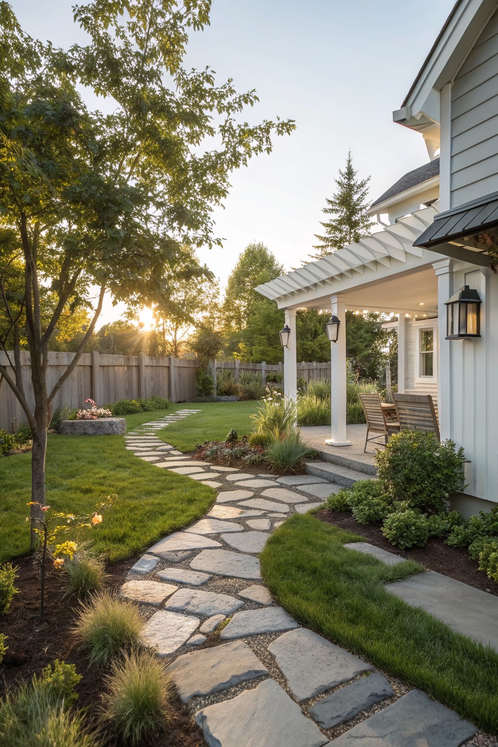 Curving stone path winds through garden to white porch at sunset
