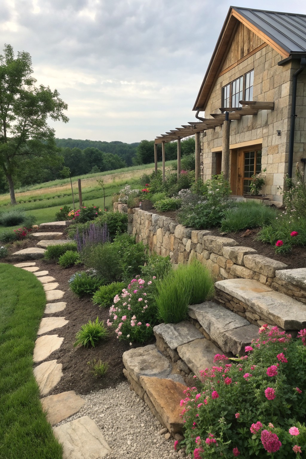 A stone and wood farmhouse exterior with terraced stone retaining walls holding flower beds, stone steps, and a gravel path.