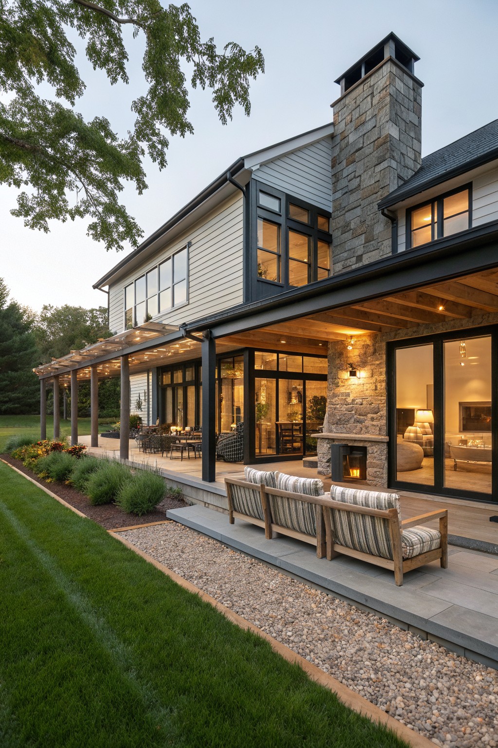 A modern farmhouse exterior with a long covered porch, striped outdoor sofas, a stone fireplace, and large black-framed windows facing a lawn and trees.