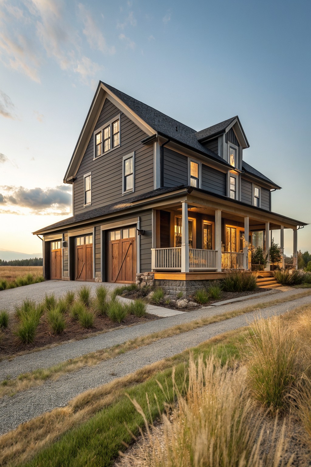 A two-story farmhouse with dark gray siding, wooden garage doors, and a covered front porch beside a gravel driveway.