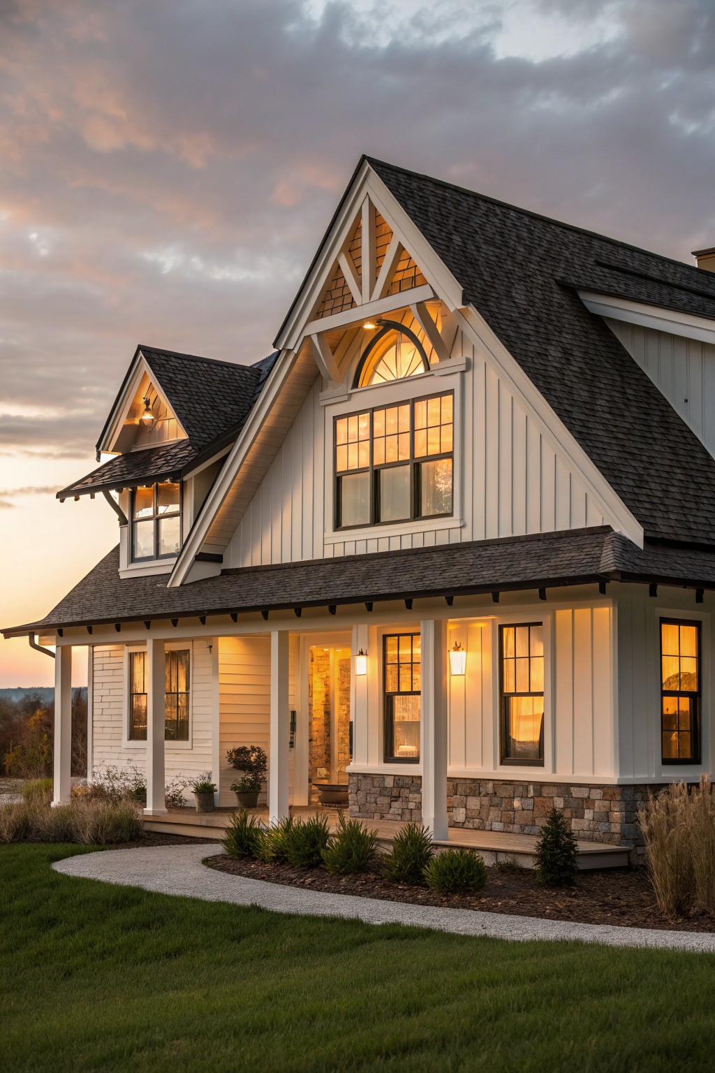 A white two-story farmhouse with dark shingled roof, gabled sections, large grid windows, stone foundation, and a covered porch at dusk.
