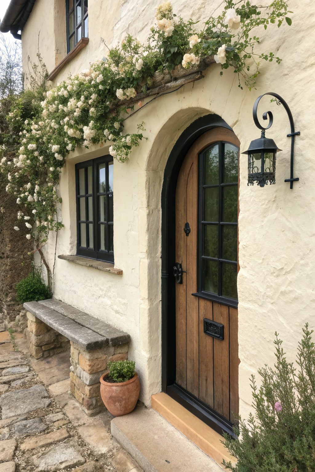 Cottage entrance with arched wooden door, climbing white roses, and black lantern.