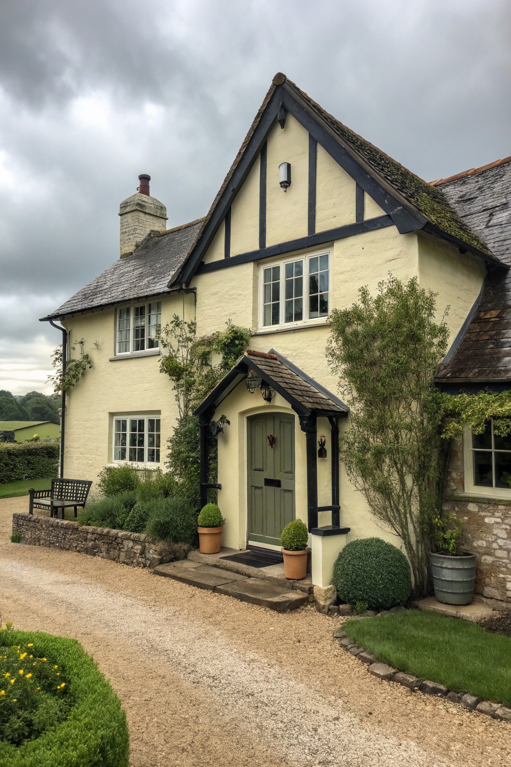 A cream-colored European farmhouse exterior with black timber framing, a green front door under a small porch, and gravel driveway.