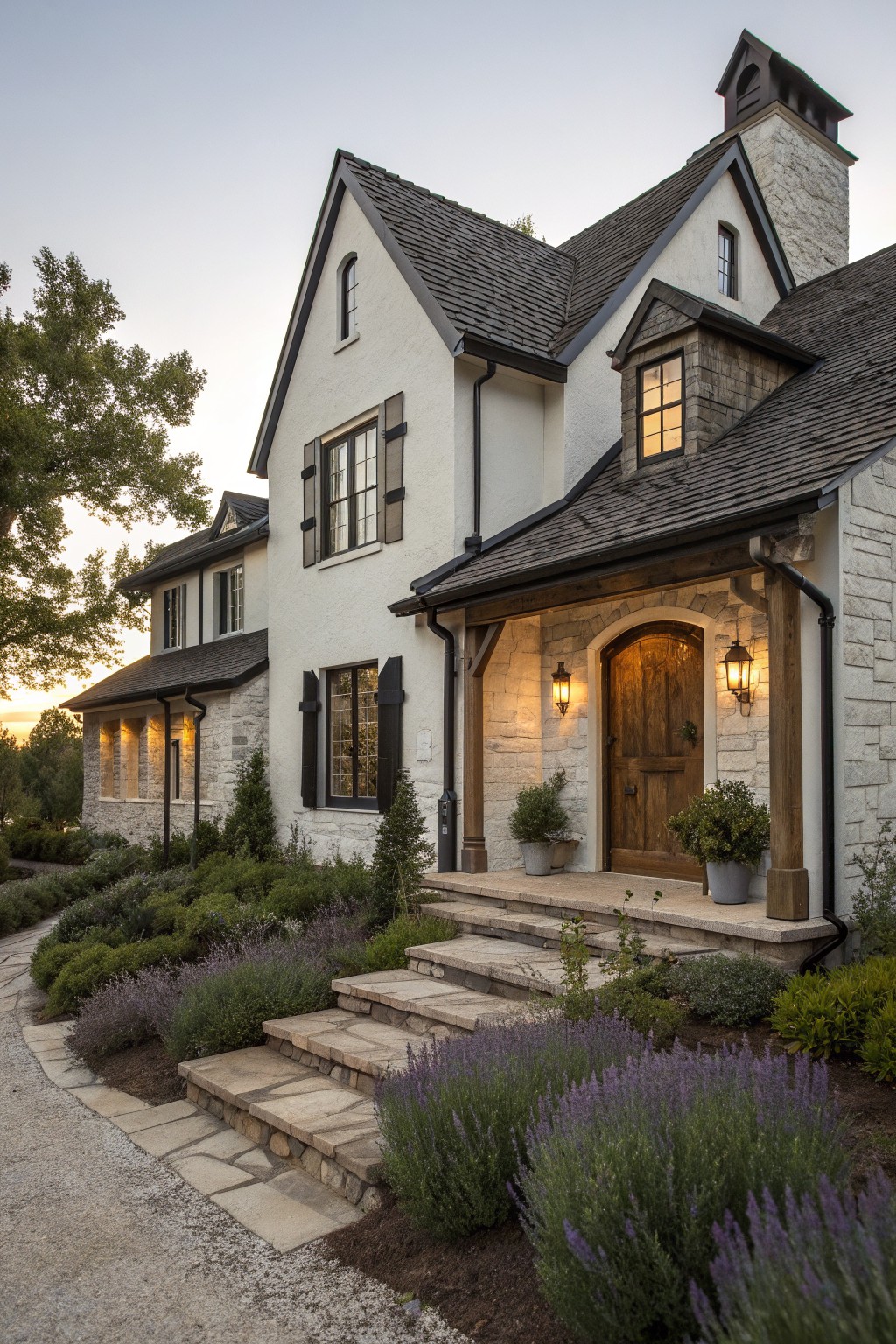 A two-story European farmhouse exterior with white stucco walls, dark trim on windows and roof edges, stone accents around the entry, and a wooden front door with stone steps.