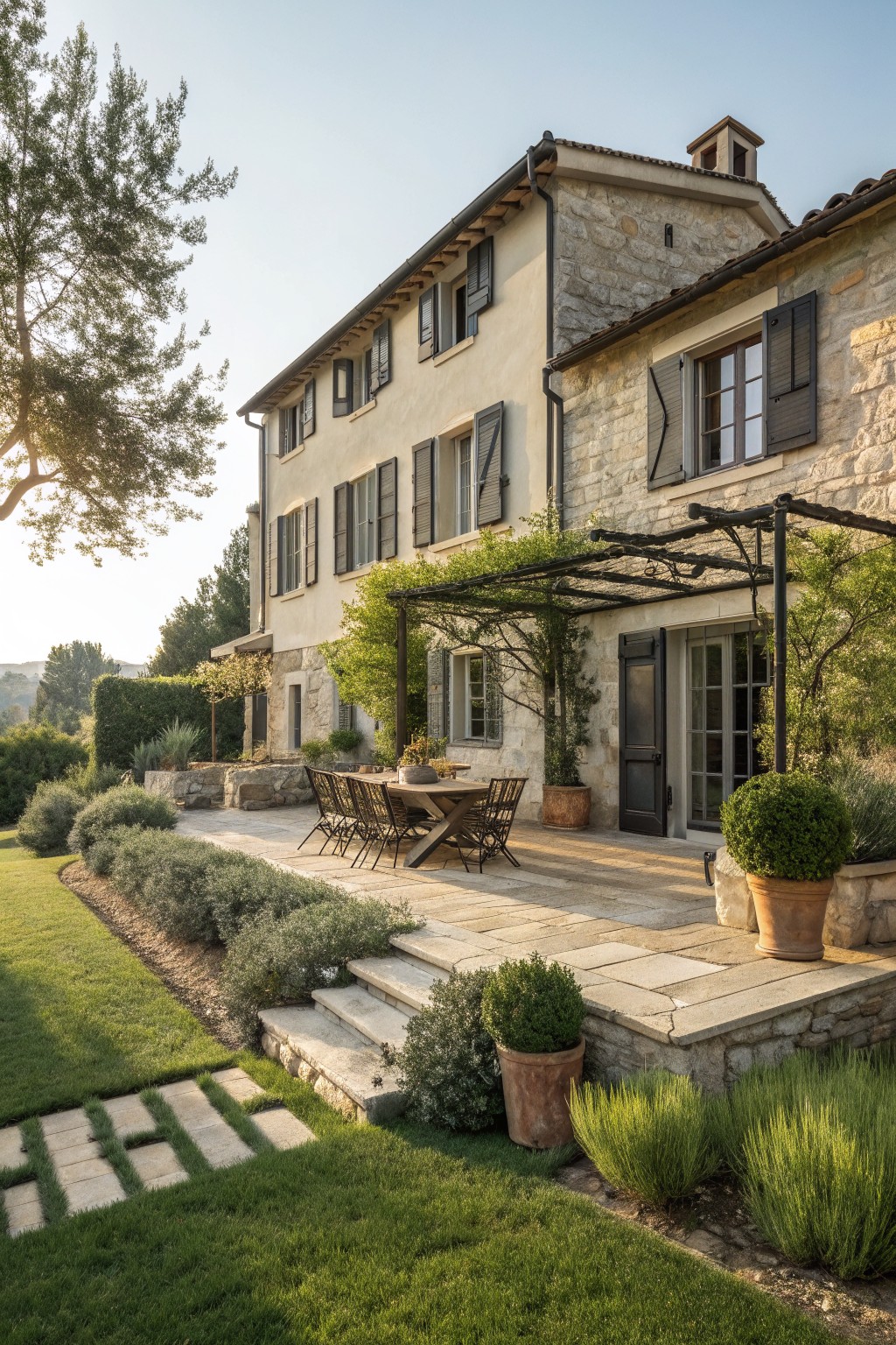 A two-story European stone farmhouse with light stucco walls, dark wooden shutters, and a stone patio with outdoor seating.