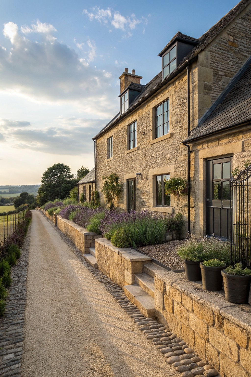 A stone farmhouse exterior with dark trim on windows and doors, set beside a gravel path with raised garden beds and potted plants.