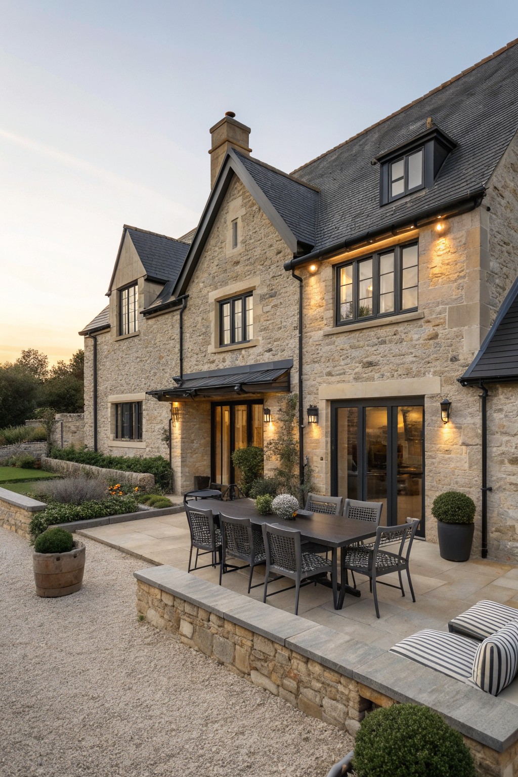 A stone European farmhouse exterior with black window and door trim, an outdoor dining area on the patio, and gravel landscaping in the foreground.